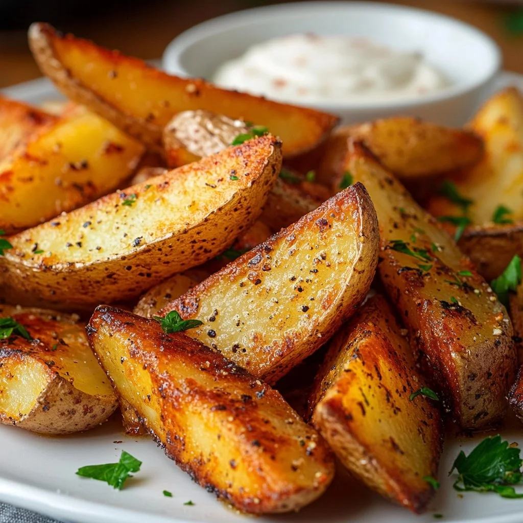 Crispy homemade potato wedges served on a plate with dipping sauce.