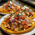 Crispy rotisserie chicken tostadas with fresh toppings on a plate