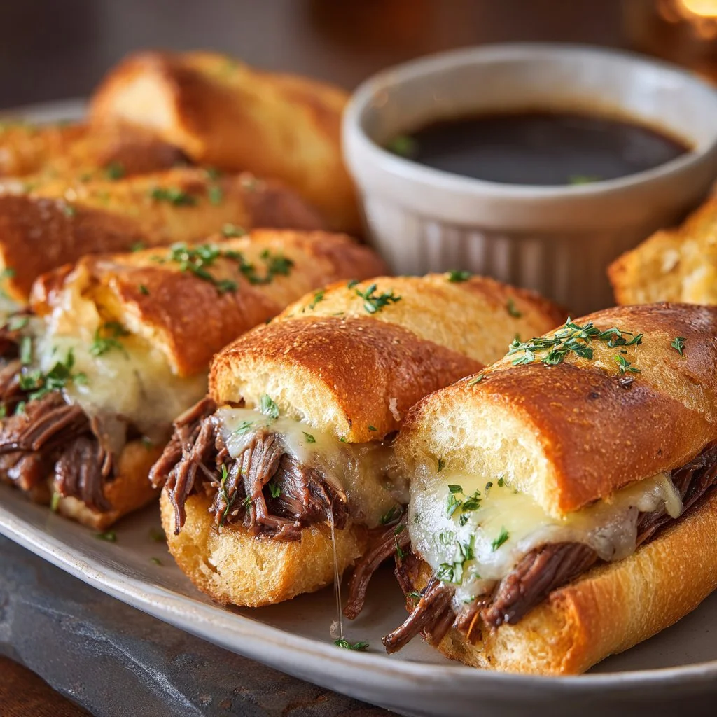 Crockpot French dip sandwiches served with au jus for dipping