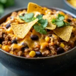 Delicious Crockpot Taco Casserole topped with cheese and fresh ingredients