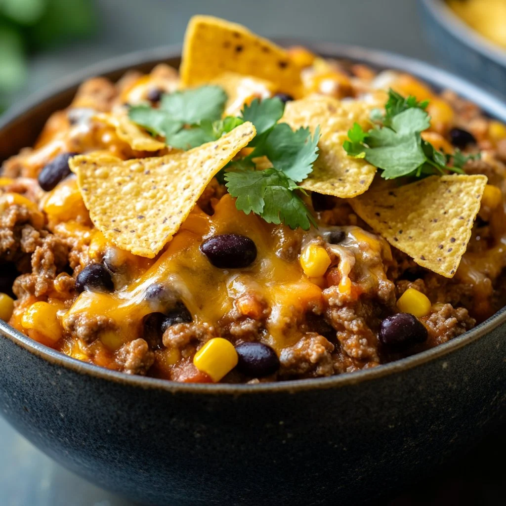 Delicious Crockpot Taco Casserole topped with cheese and fresh ingredients