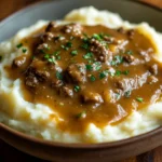 Delicious hamburger gravy served over fluffy mashed potatoes