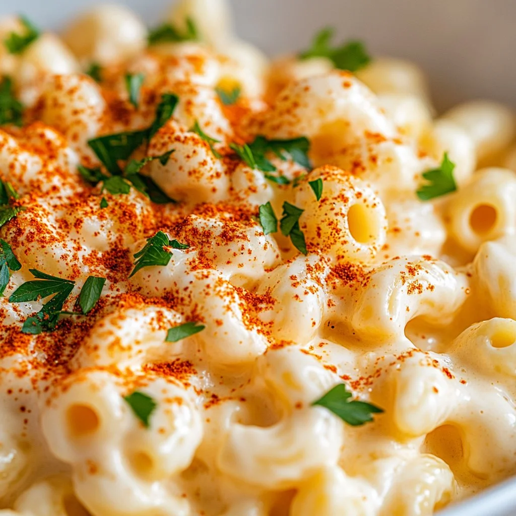 Deviled egg macaroni salad in a serving bowl with a garnish.