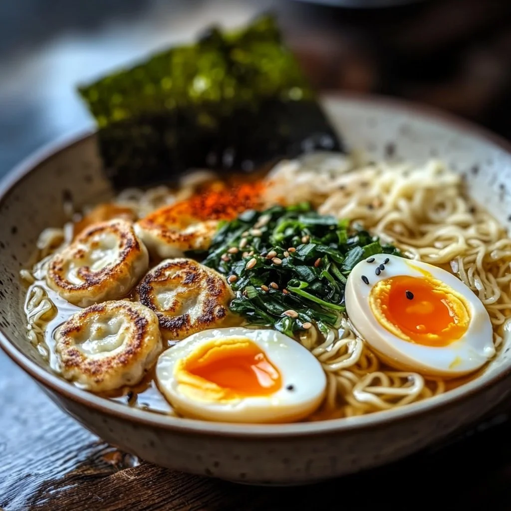 A delicious bowl of Dumpling Ramen with savory broth and tender dumplings.