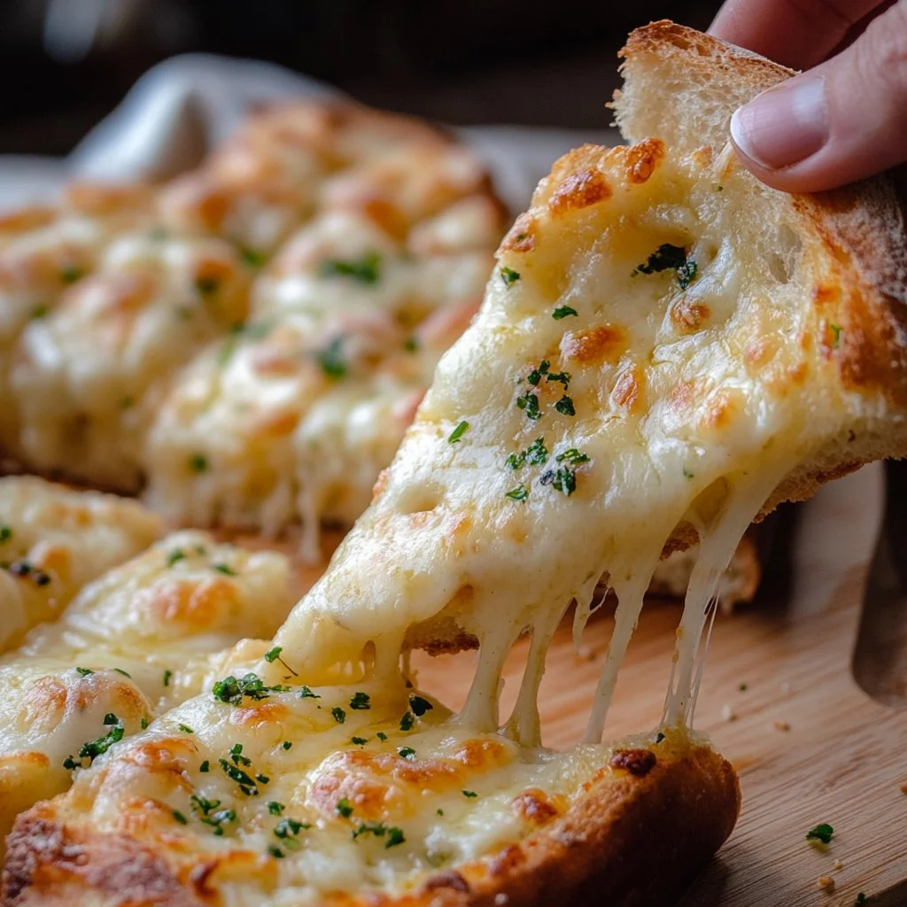 Easy cheesy garlic bread fresh from the oven, golden brown and cheesy.