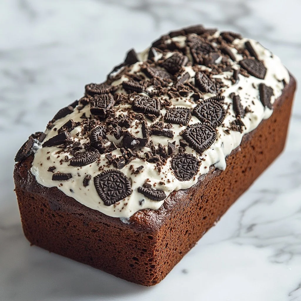 Sliced chocolate Oreo bread with Oreo cookies on top