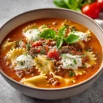 Bowl of creamy lasagna soup garnished with herbs and cheese