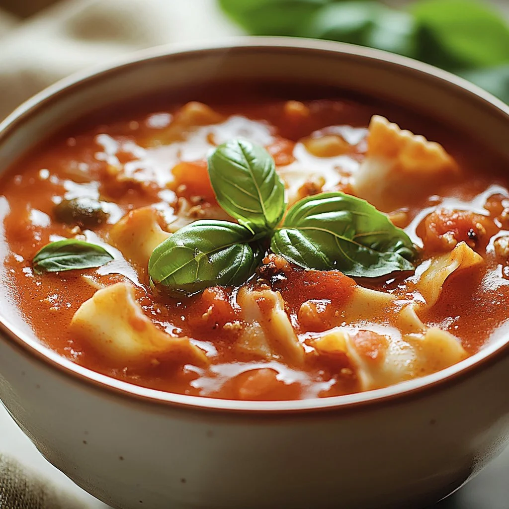 Bowl of easy creamy lasagna soup with ingredients in the background