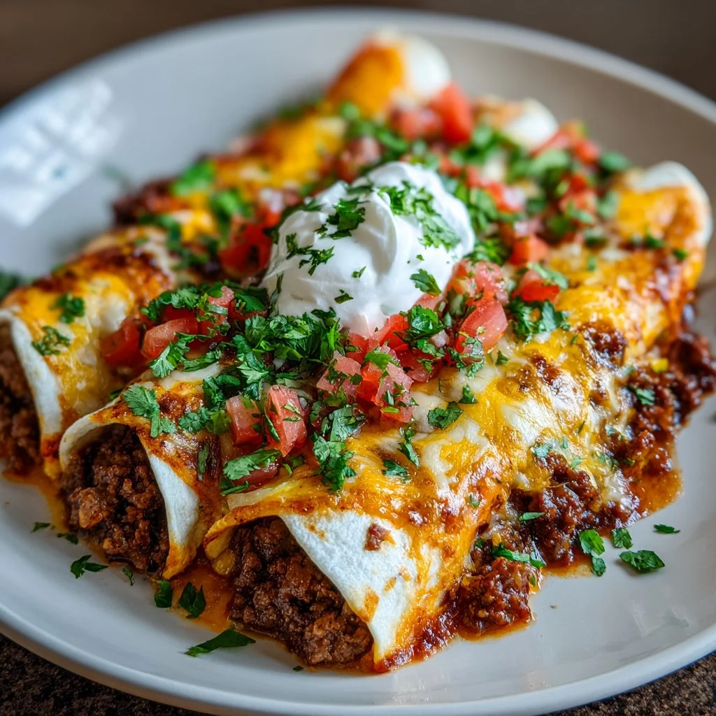 Delicious easy ground beef enchiladas topped with cheese and salsa