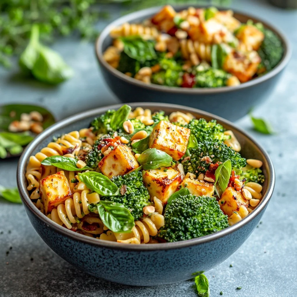 A colorful bowl of easy Halloumi Pasta Salad with fresh vegetables and herbs.