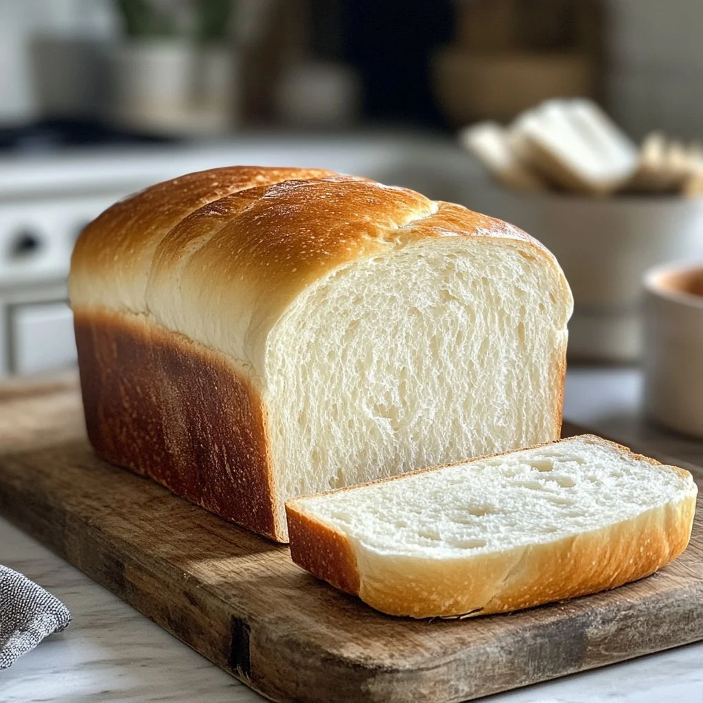 Freshly baked easy homemade white bread loaf on a wooden table