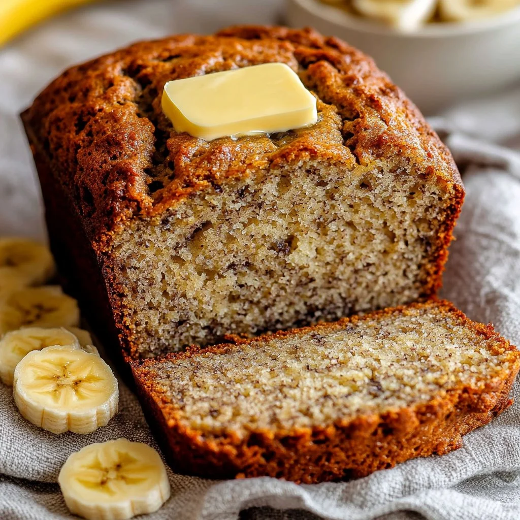 Loaf of easy moist banana bread fresh out of the oven