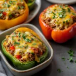 Delicious stuffed bell peppers filled with savory ingredients, ready to serve.