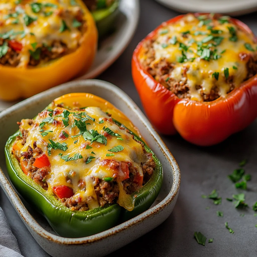 Delicious stuffed bell peppers filled with savory ingredients, ready to serve.