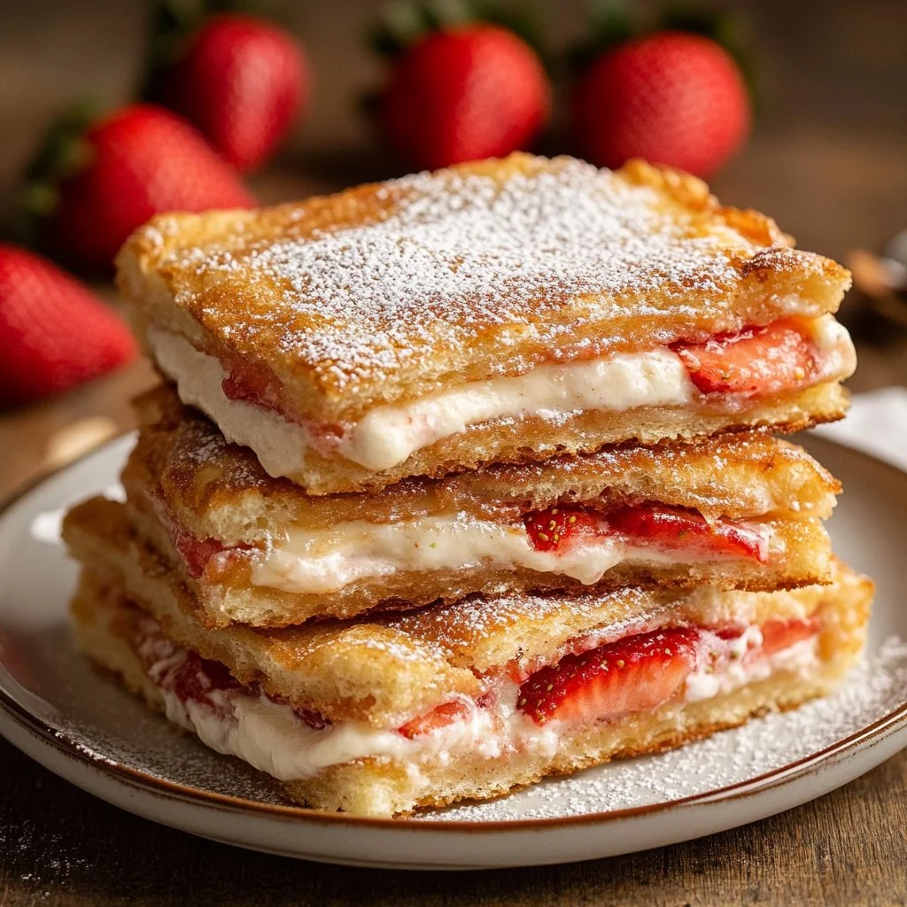 Fried strawberry cheesecake sandwiches served on a plate.