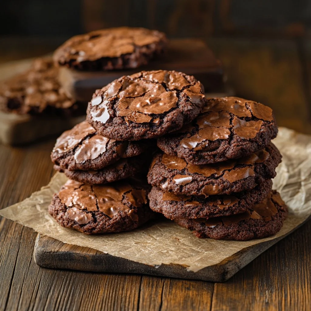 Fudgy brownie cookies fresh from the oven, showcasing rich chocolate texture.