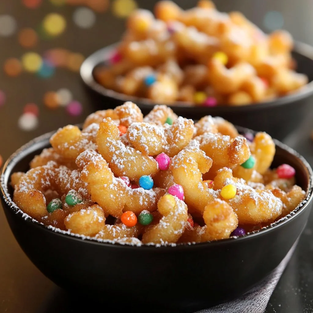 Delicious funnel cake donuts served with powdered sugar and toppings