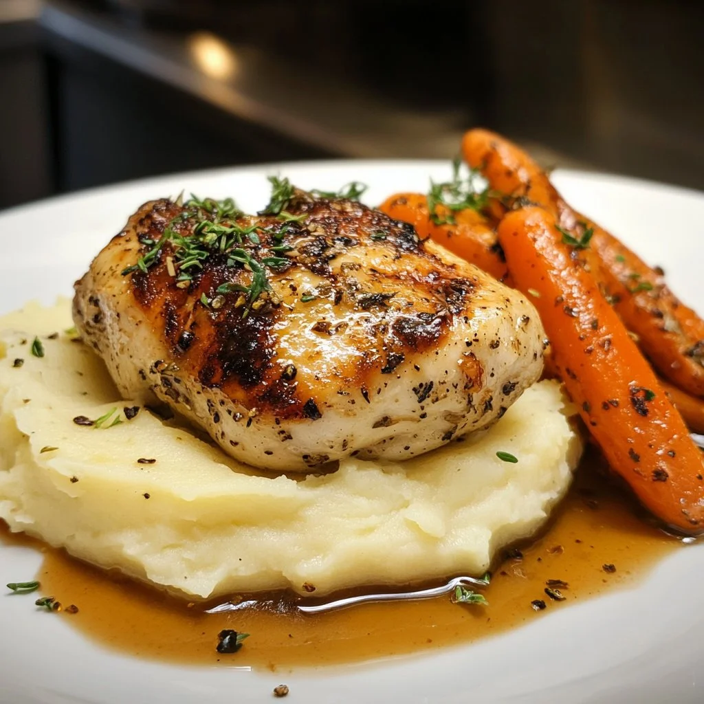 Plate of Garlic Herb Chicken with creamy mashed potatoes and roasted carrots