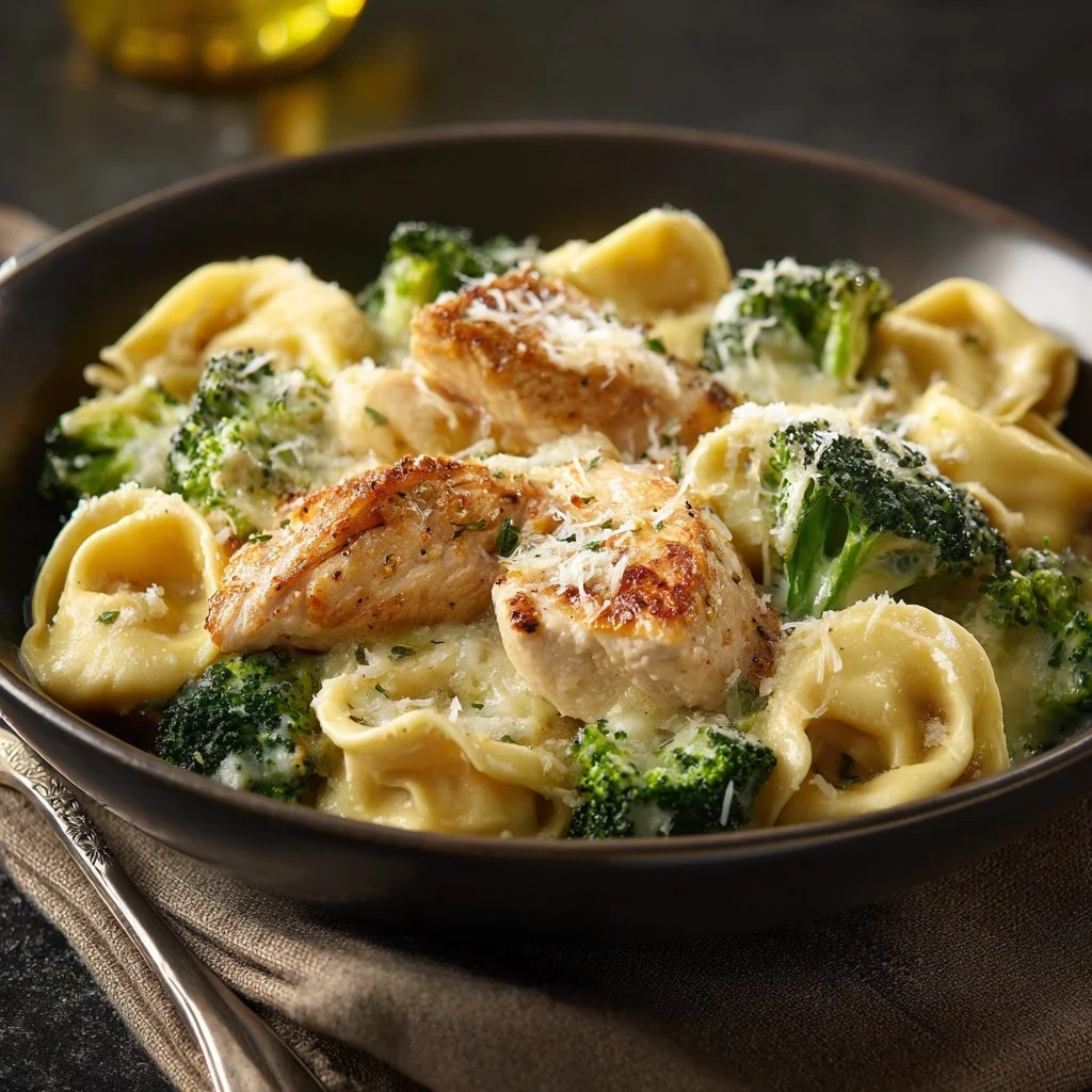 Garlic Parmesan Chicken Tortellini served in a bowl with parsley garnish