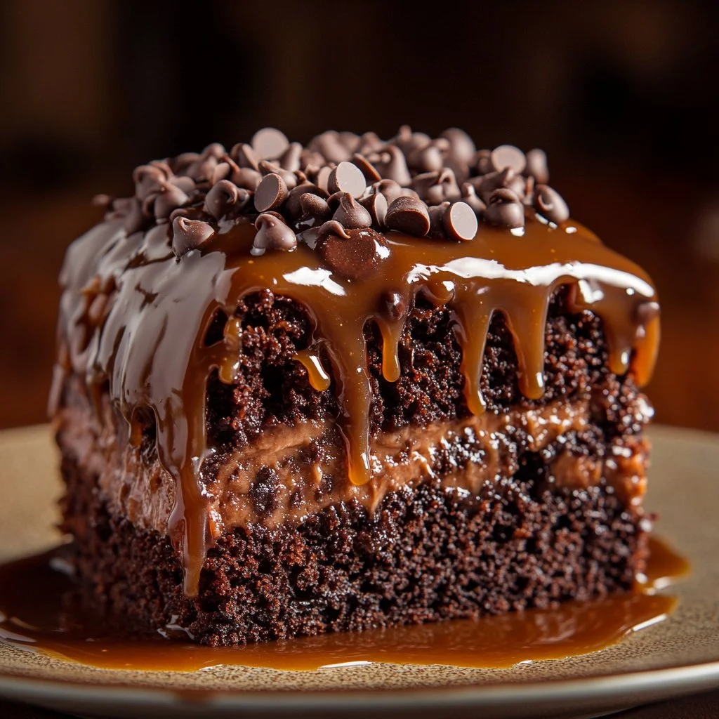 A delicious slice of German Chocolate Poke Cake topped with coconut-pecan frosting.