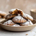 Gingerbread crinkle cookies dusted with powdered sugar on a festive plate.