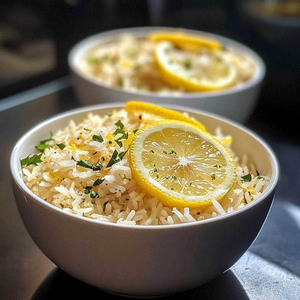 Bowl of Greek Lemon Rice garnished with fresh herbs and lemon slices.