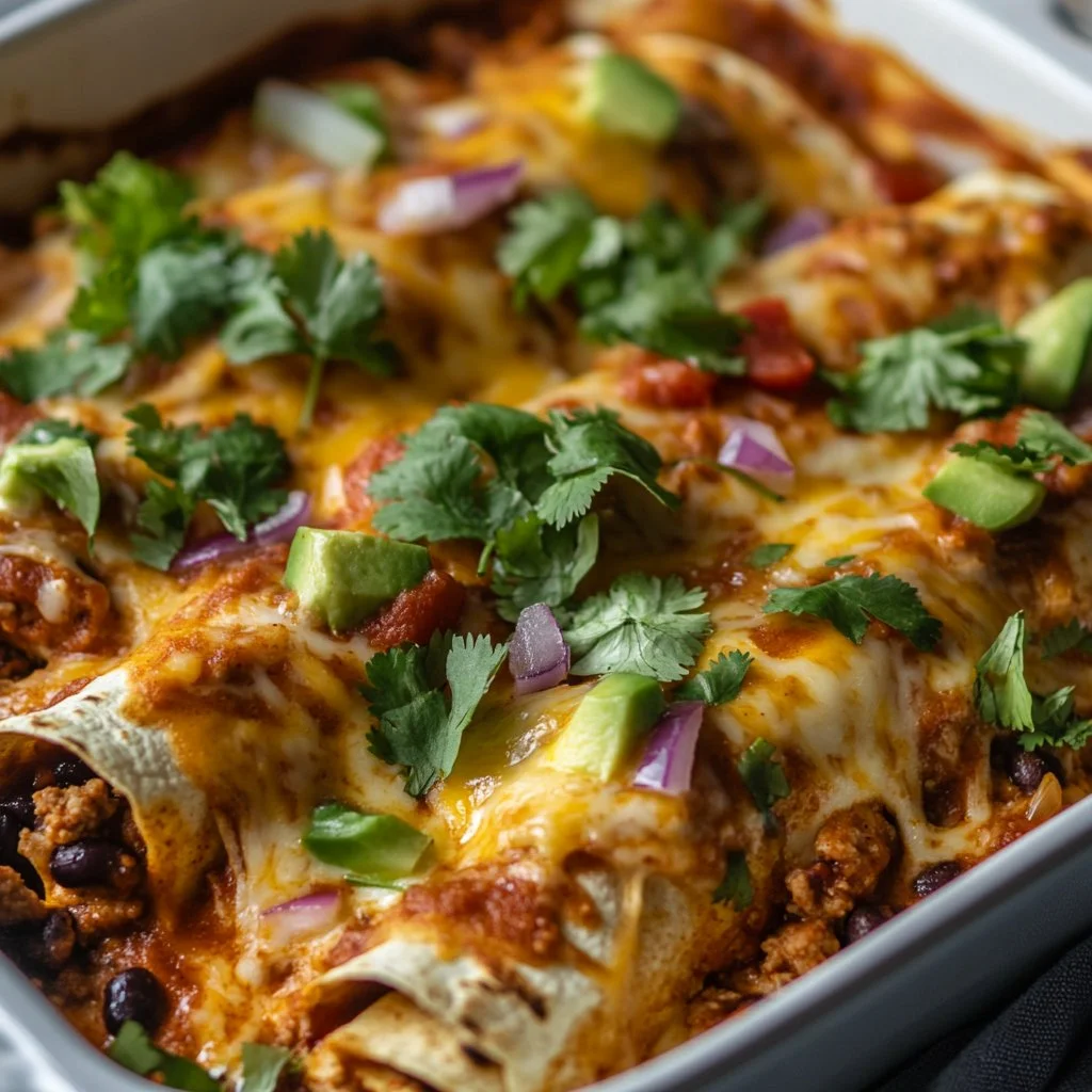 Ground turkey black bean enchiladas served on a plate
