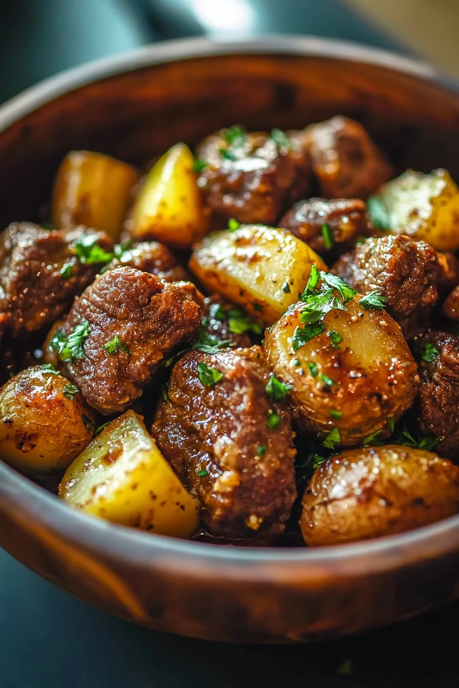Slow Cooker Garlic Butter Beef Bites & Potatoes