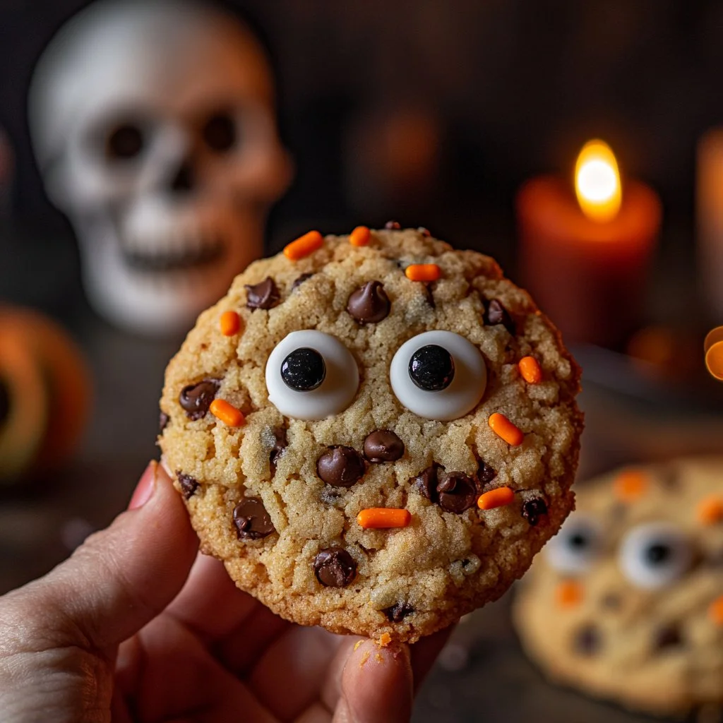 Plate of Halloween chocolate chip cookies decorated for the holiday