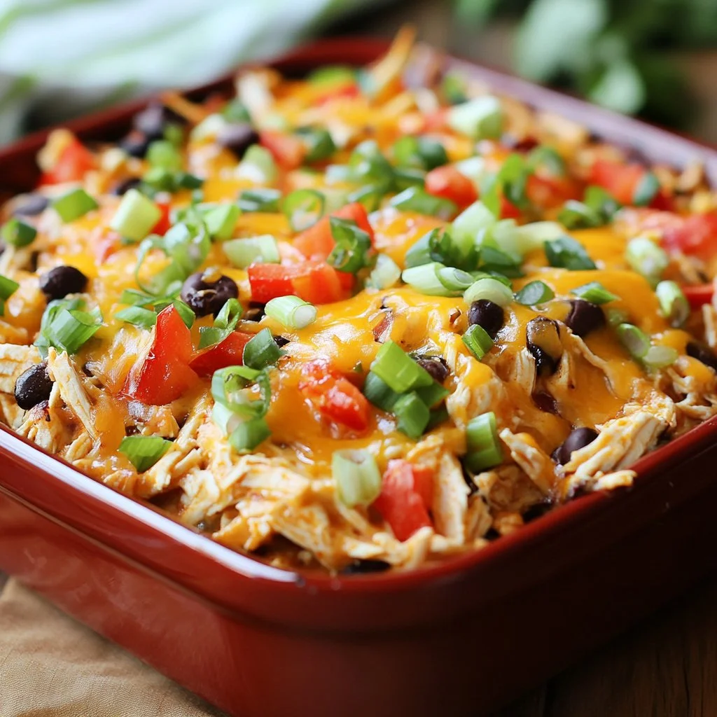 Healthy chicken burrito casserole topped with cheese and fresh ingredients