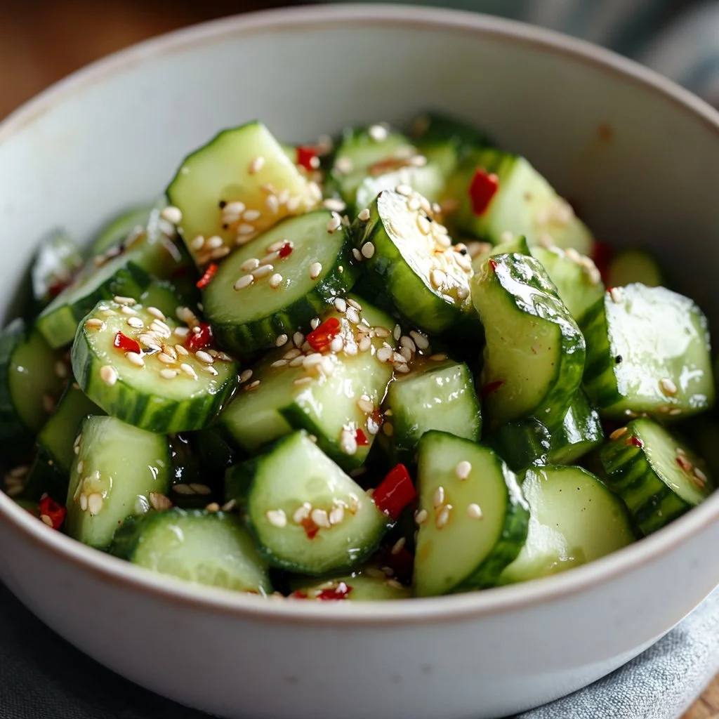 A vibrant plate of healthy cucumber salad with fresh ingredients.