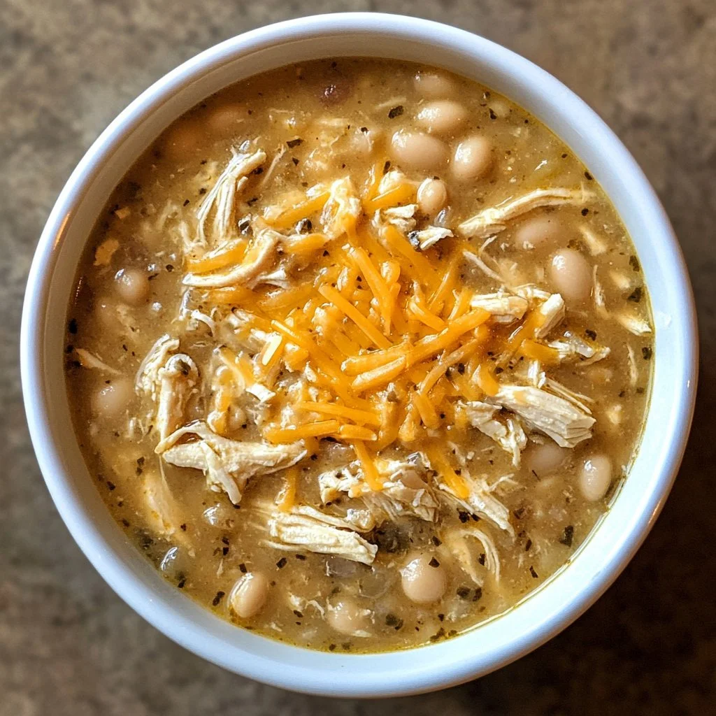 Bowl of healthy white chicken chili topped with cilantro and lemon slices