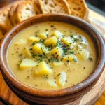 Bowl of hearty cheddar garlic herb potato soup garnished with herbs