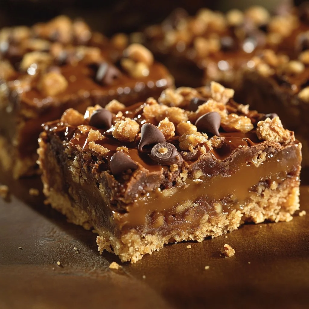 Delicious Heavenly Cake Mix Toffee Bars topped with chocolate and nuts.