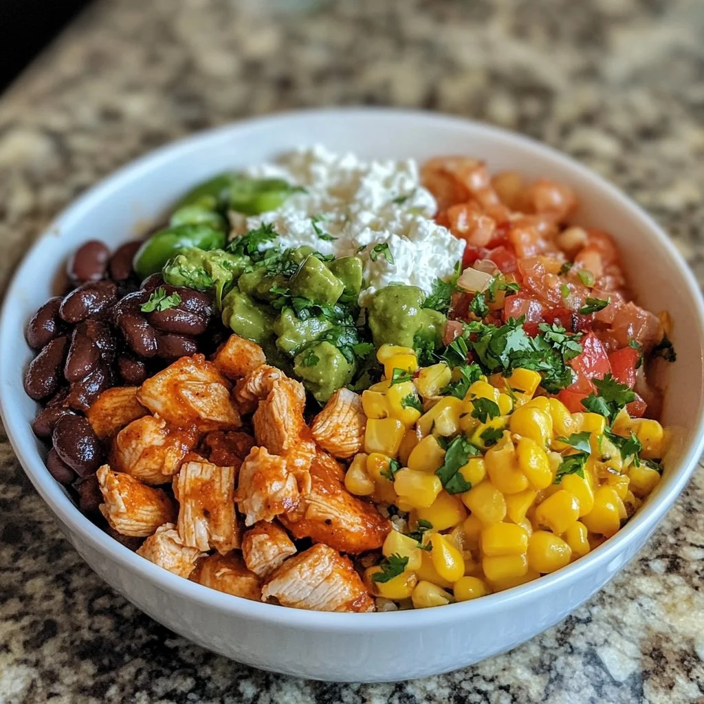 High-protein chicken enchilada bowls with cottage cheese and colorful toppings.
