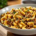 Creamy beef pasta served in a bowl with herbs and cheese on top