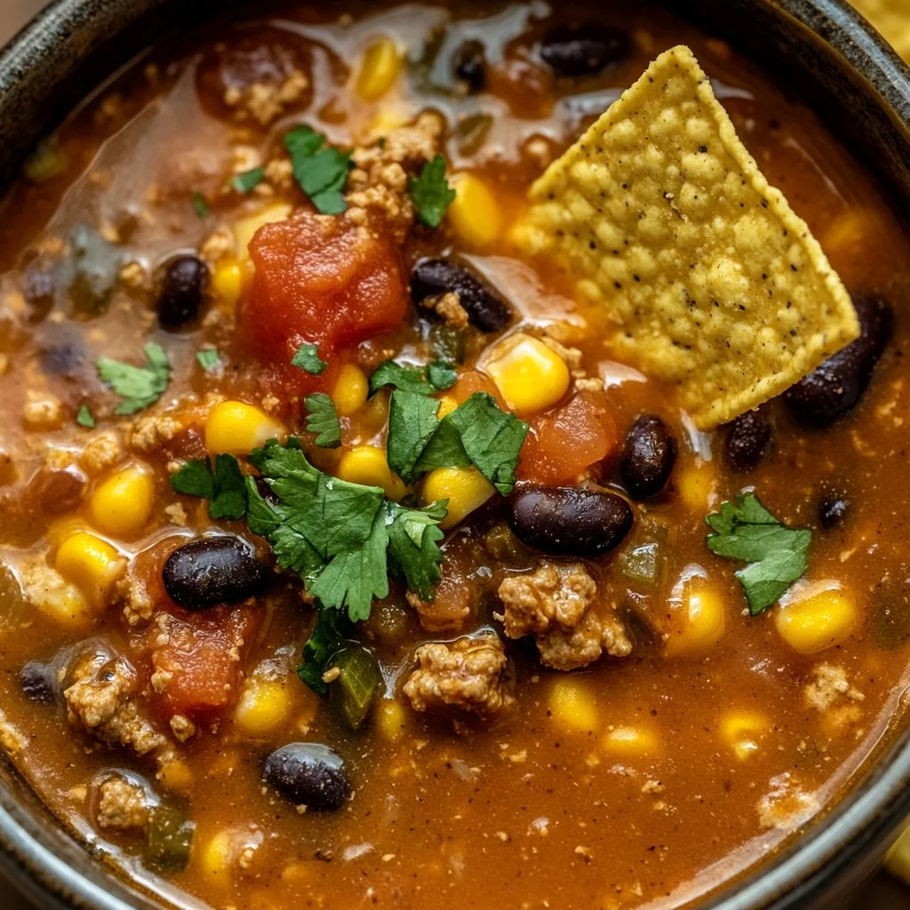 Delicious high-protein creamy taco soup served in a bowl with toppings