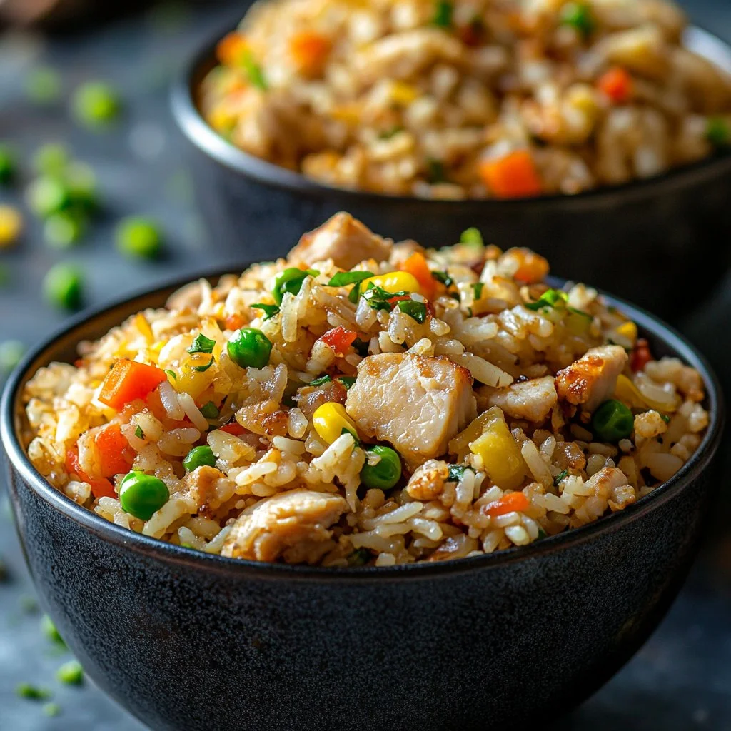 Plate of high protein crispy garlic chicken fried rice with fresh herbs