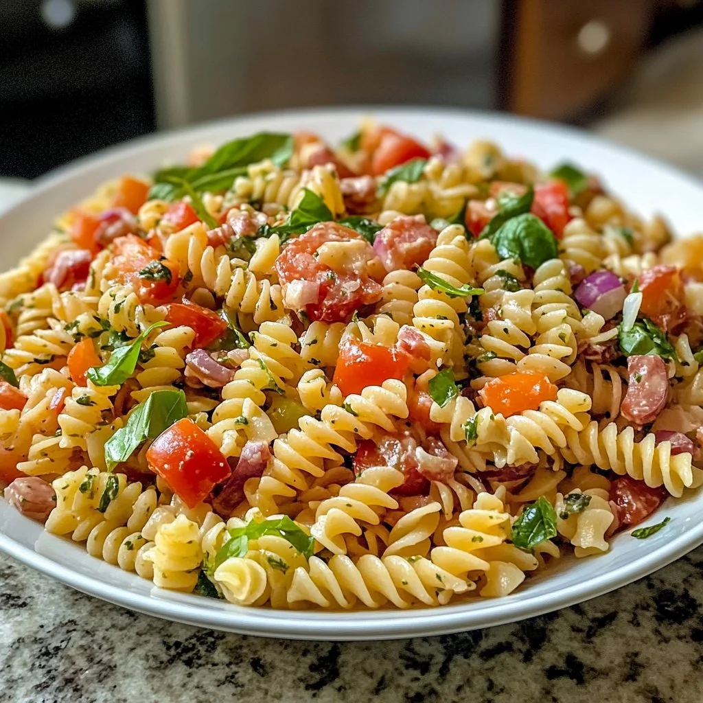 High protein Italian pasta salad with colorful vegetables and dressing