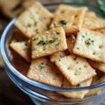 Baked homemade cheese crackers displayed on a wooden board