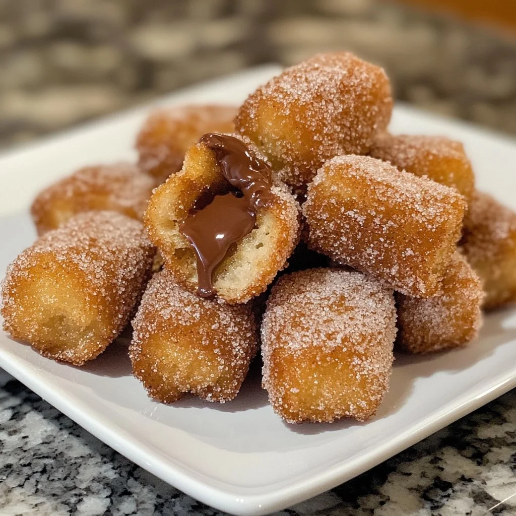 Plate of homemade churro bites filled with Nutella and dusted with sugar