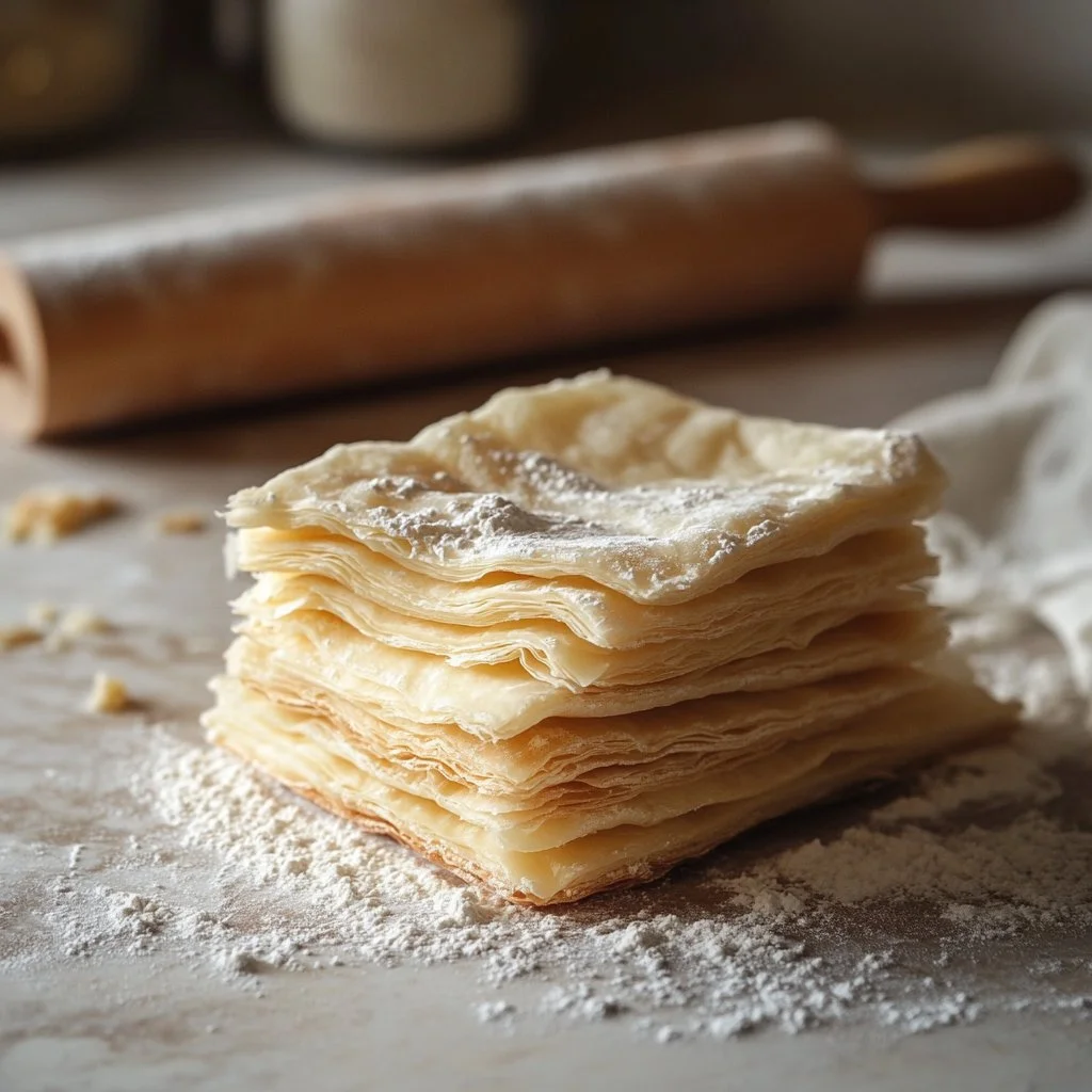 Homemade puff pastry ready for baking, showcasing its flaky layers and buttery texture.
