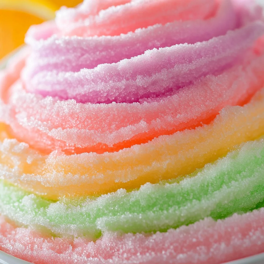 Bowl of colorful homemade rainbow sherbet with vibrant fruity layers