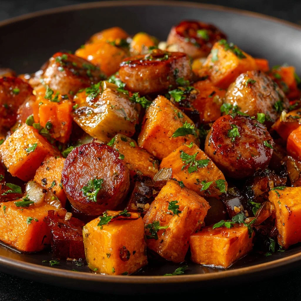Honey garlic sausage served with sweet potatoes in a skillet