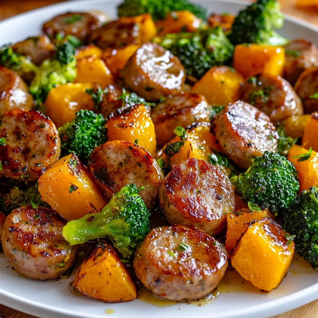 Honey Garlic Sheet Pan Sausage with vegetables ready to serve