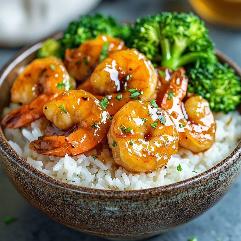 Delicious Honey Garlic Shrimp Bowl served with vegetables and rice