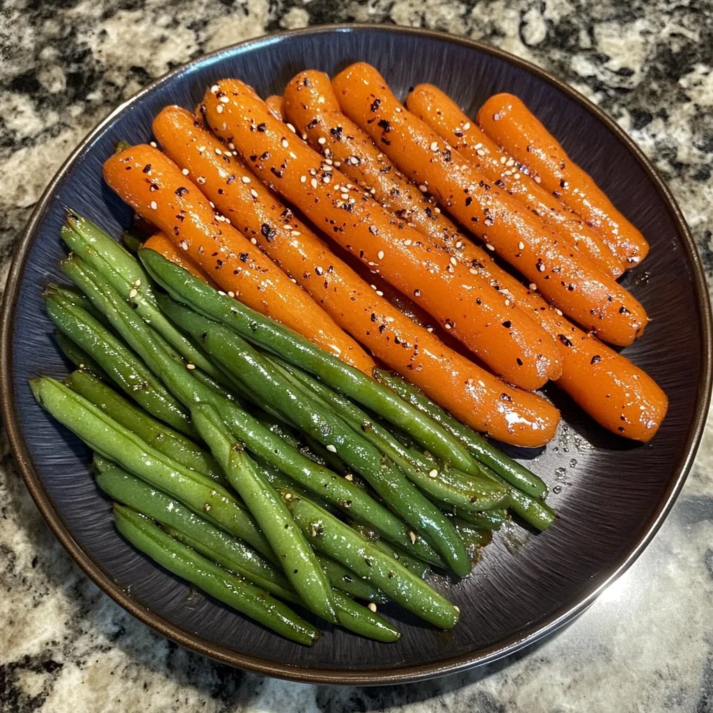 Honey glazed carrots and green beans served in a dish