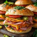 Hot Italian sub sliders with melted cheese and fresh toppings