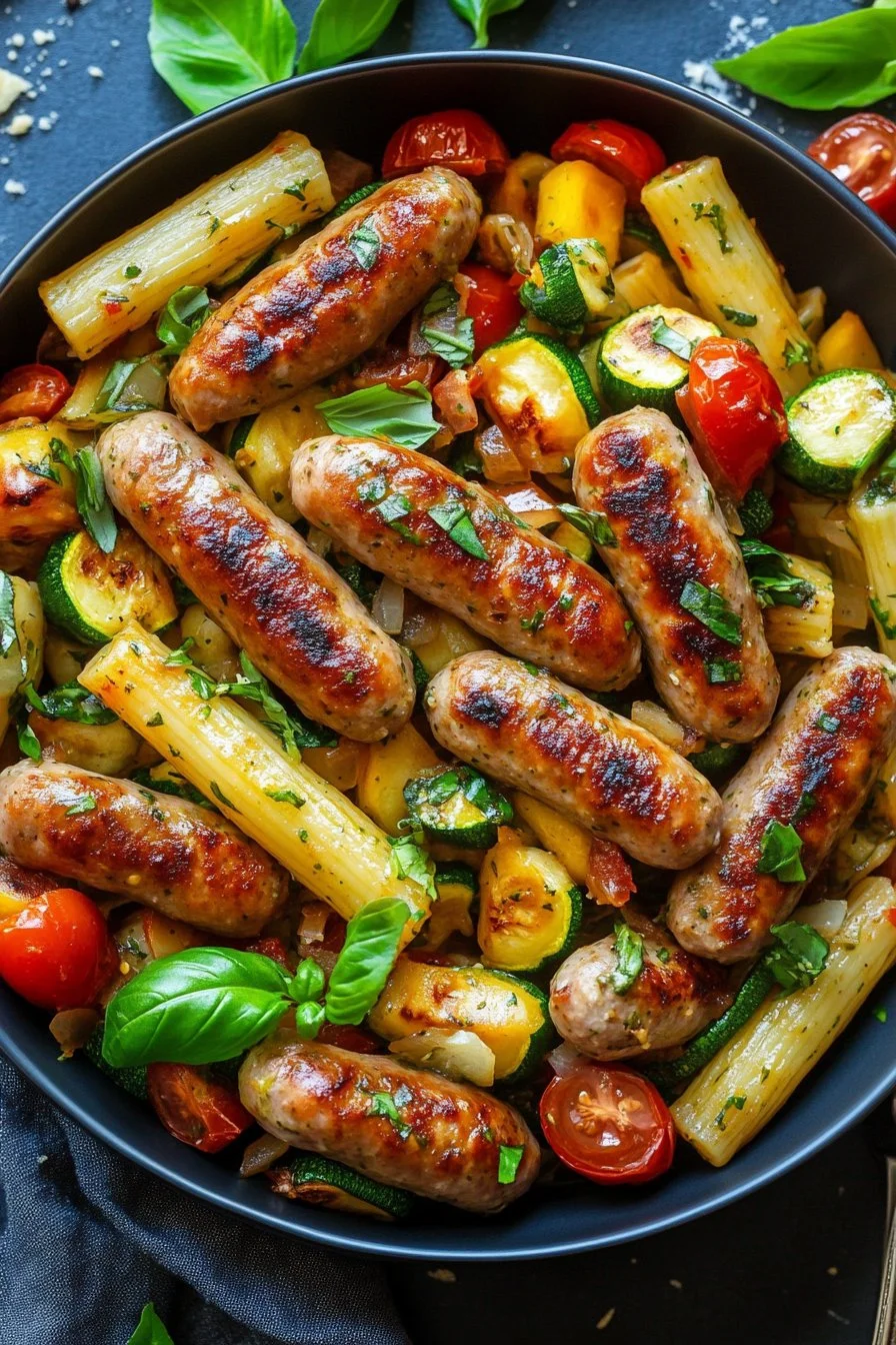 Chicken Sausages with Zucchini, Tomatoes, and Pasta