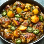Plate of Jalapeno Peach Chicken garnished with fresh herbs and jalapenos